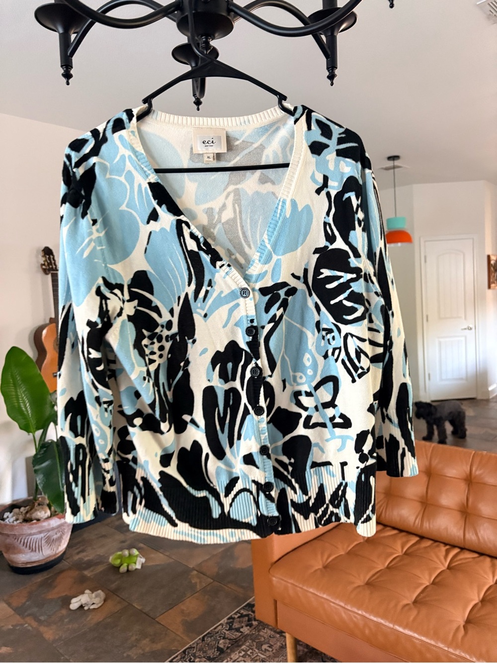 ECI New York Blue Bold Floral Knit Button Up Cardigan Sweater Size XL